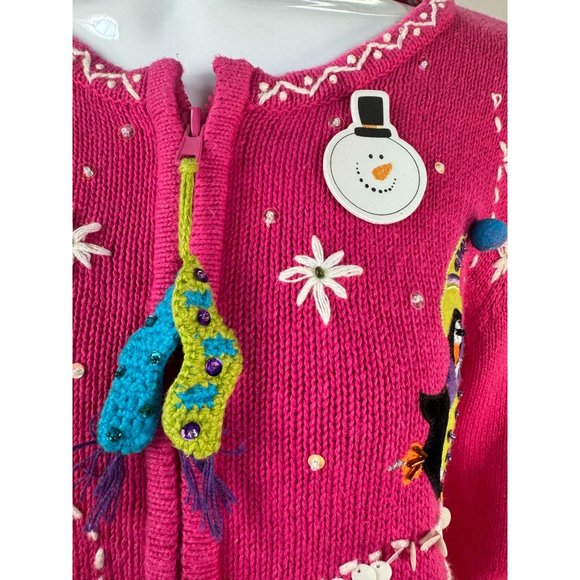 Heirloom Collectibles Petite Lg XMas Penguin Zip Cardigan Sweater Pink Cotton Bl - Picture 8 of 16